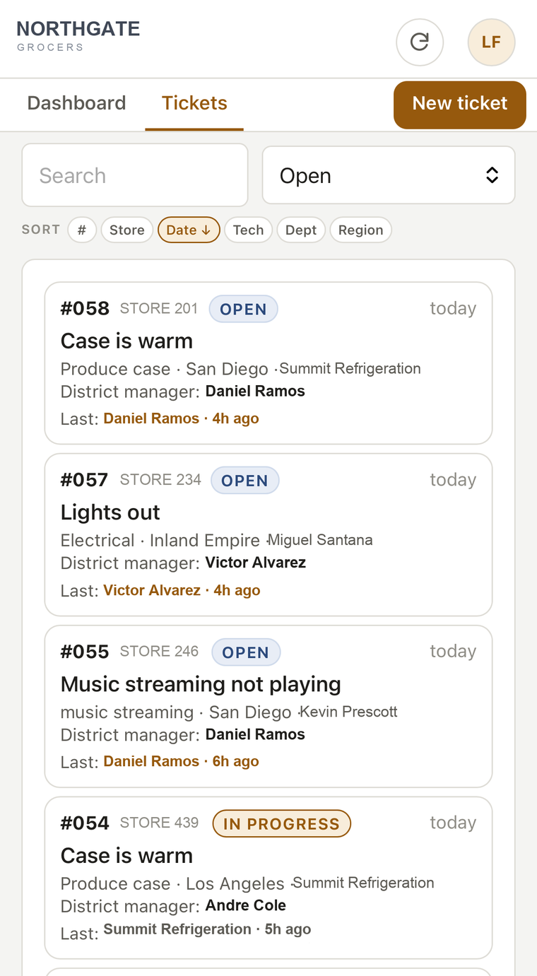 Ticket queue in a helpdesk application: open and in-progress tickets listed with store number, location, assigned technician and district manager.