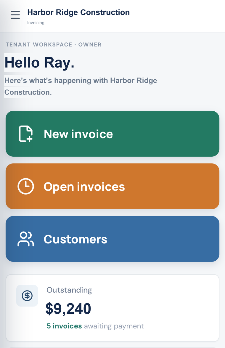 Invoicing workspace: quick actions for a new invoice, open invoices and customers, above an outstanding-balance summary.